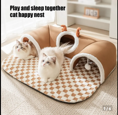 Cama de Pelúcia Quente para Gatos no Inverno com Aparência de Rena Túnel Esconde-Esconde