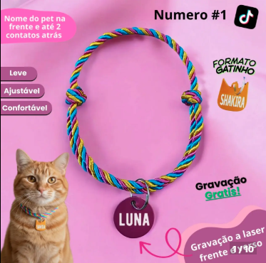 Coleira para Gatos Trançada com Plaquinha de Identificação Ajustável Confortável
