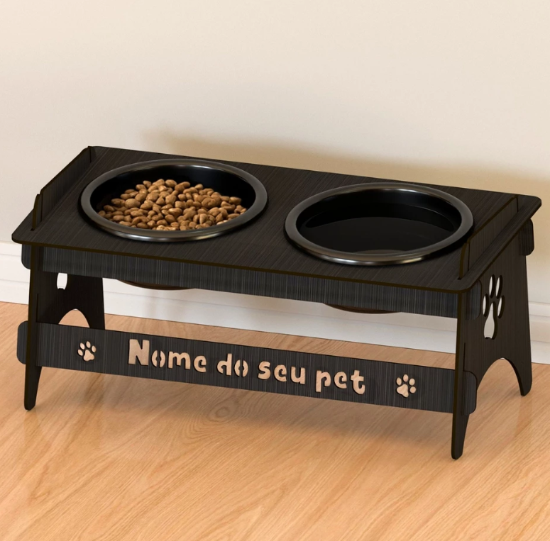 Comedouro Personalizado Cachorro E Gato Com Tigelas Elevado